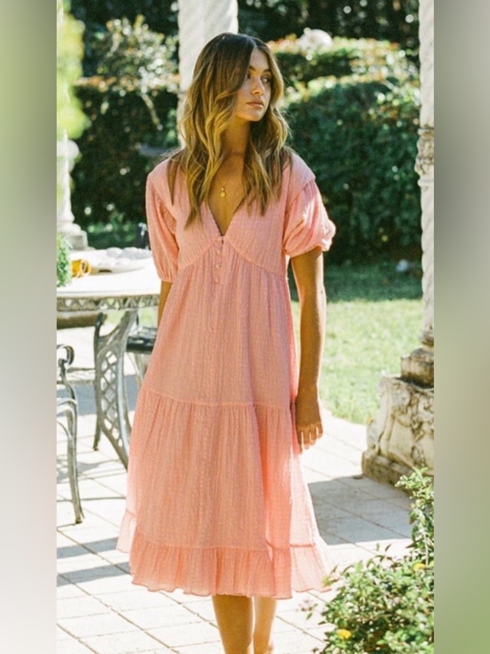 Sabo Skirt Pink Textured Tiered Midi Dress Puff Sleeve V-Neck XS